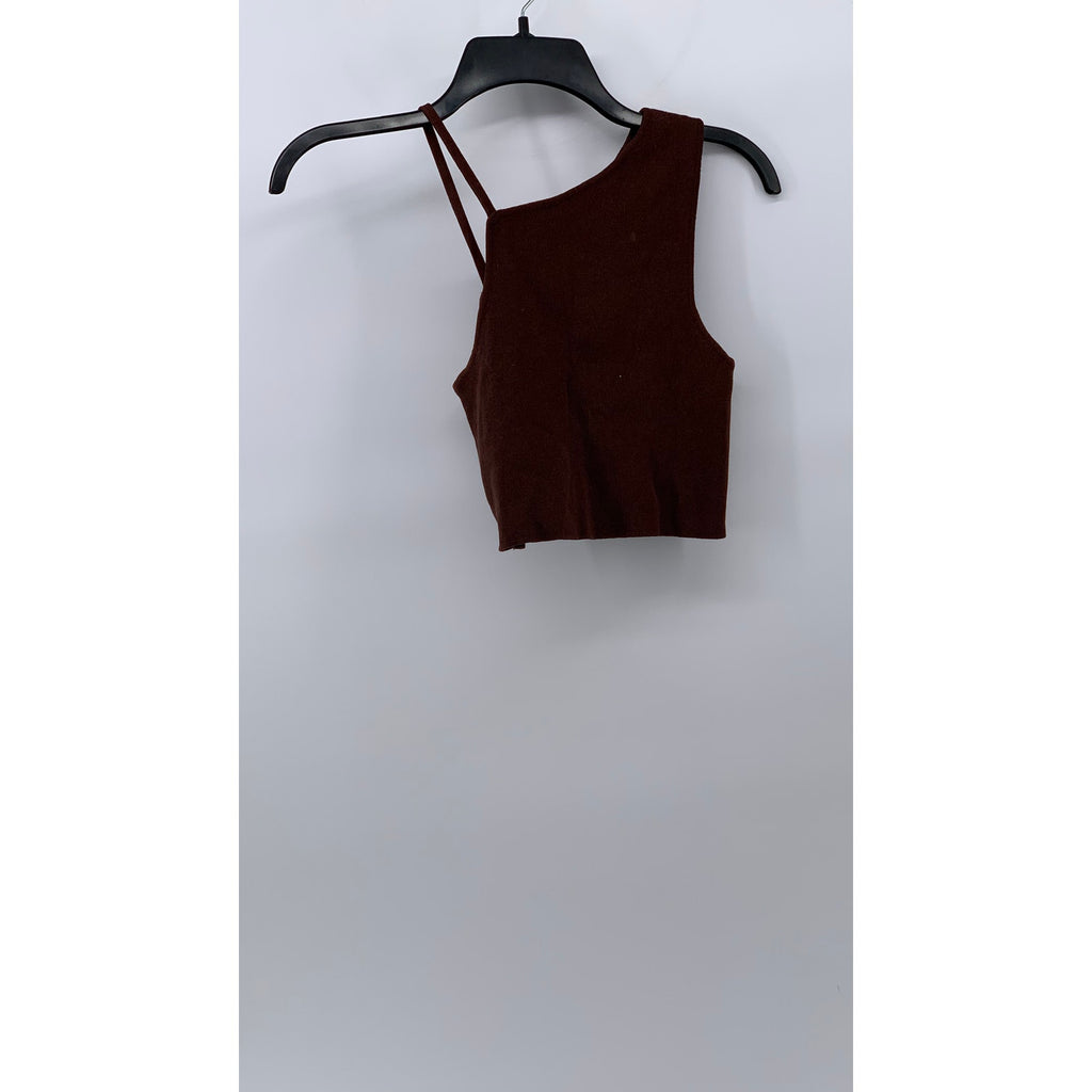 ZARA Women's Brown Ribbed High-Neck One-Sleeve Cropped Tank Top SZ S