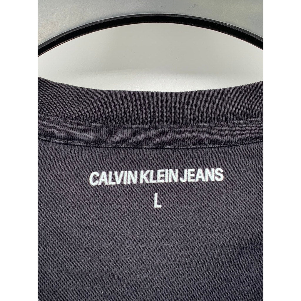 CALVIN KLEIN JEANS Men's Black Crewneck Shoulder Stripe Casual T-Shirt SZ L