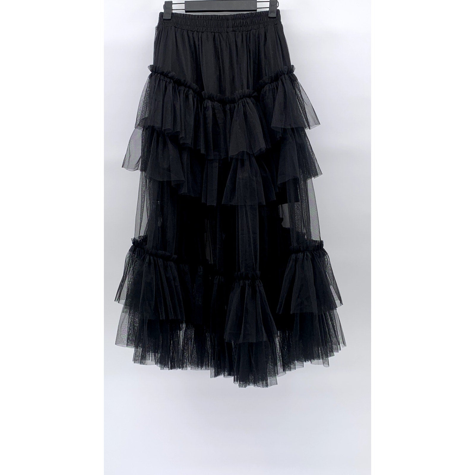 BEULAHSTYLE Women's Black Ruffle Mesh Tiered Midi Skirt SZ S