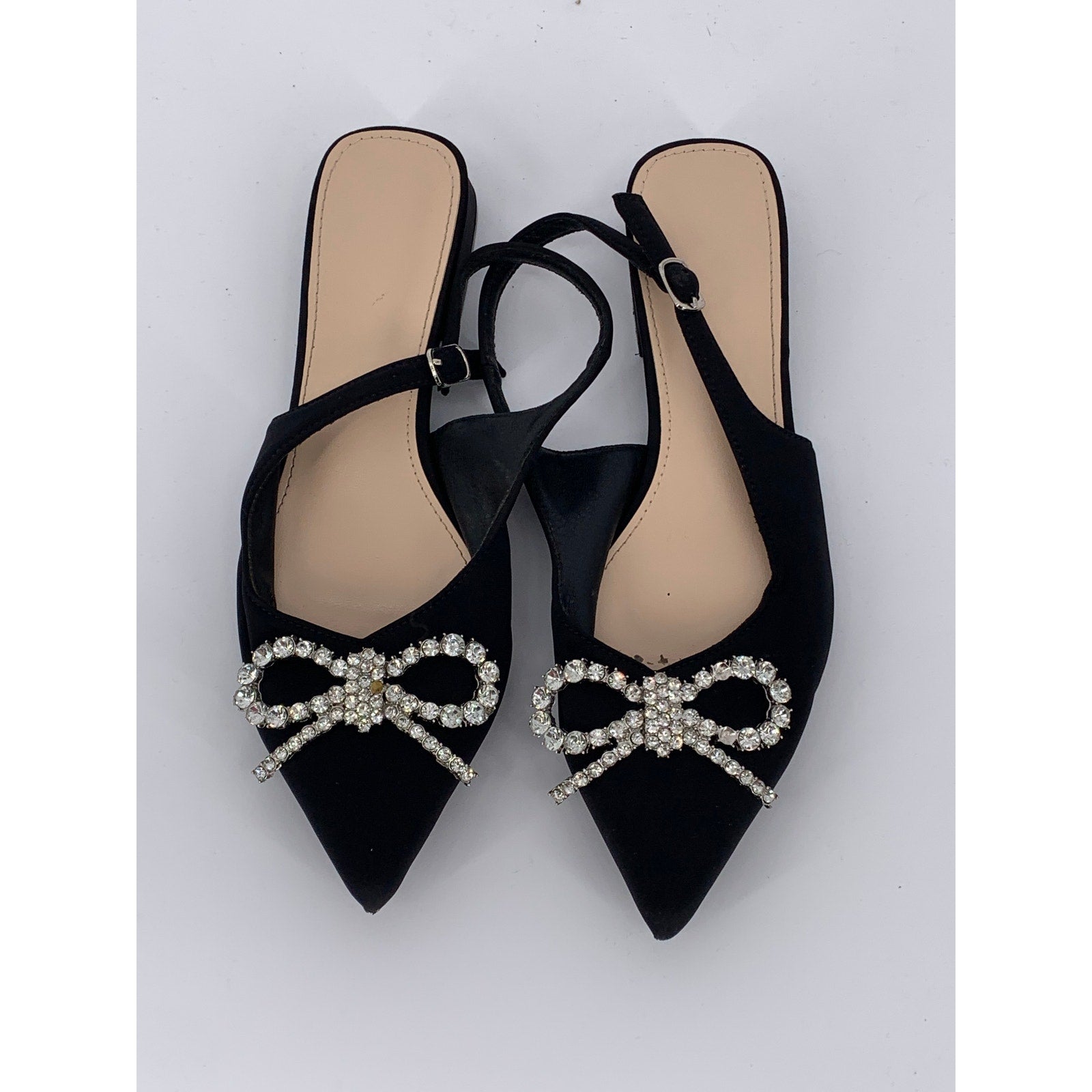 UNBRANDED Women's Black Rhinestone Bow Pointed-Toe Block-Heel Slingback SZ 7