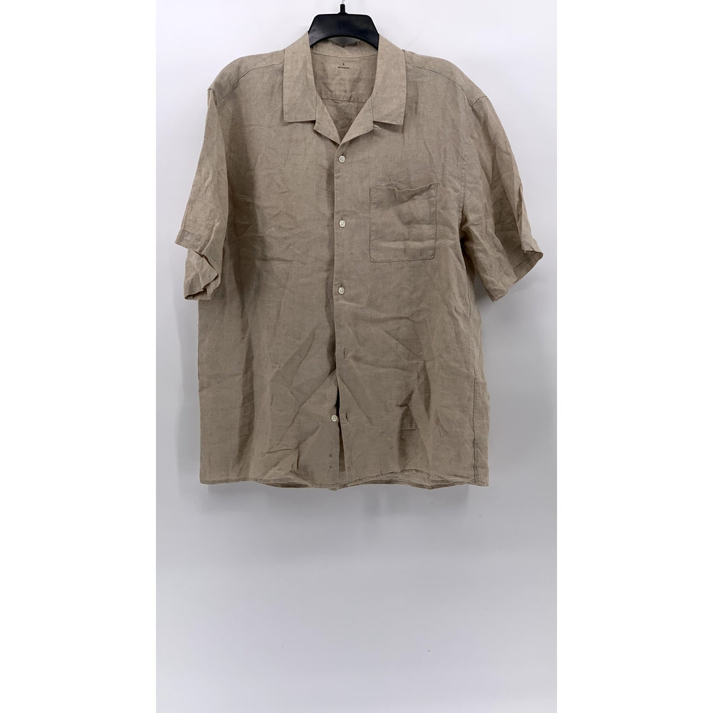 MUJI Men's Light Brown Linen Regular-Fit Button-Up Short Sleeve Shirt SZ L