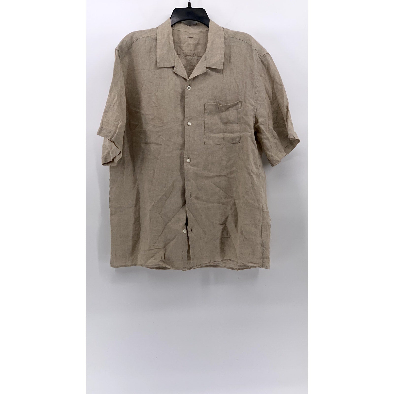 MUJI Men's Light Brown Linen Regular-Fit Button-Up Short Sleeve Shirt SZ L