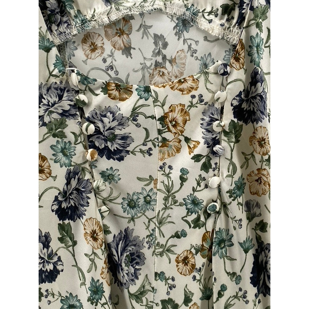 ZARA Women's White Floral Print Scoop-Neck Back-Button Detail Maxi Dress SZ S