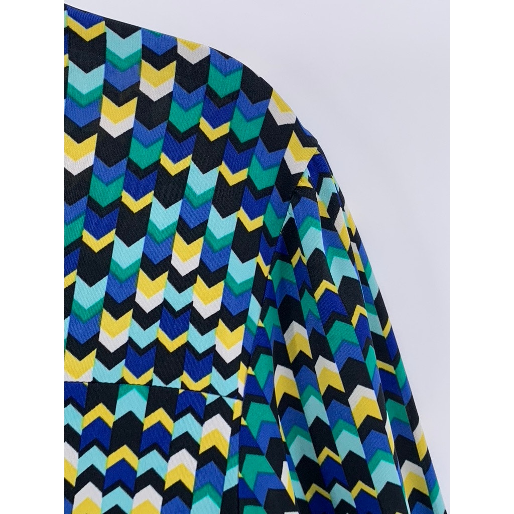 TACERA Women's Blue-Green-Yellow Printed Button-Front Long Sleeve Dress SZ M