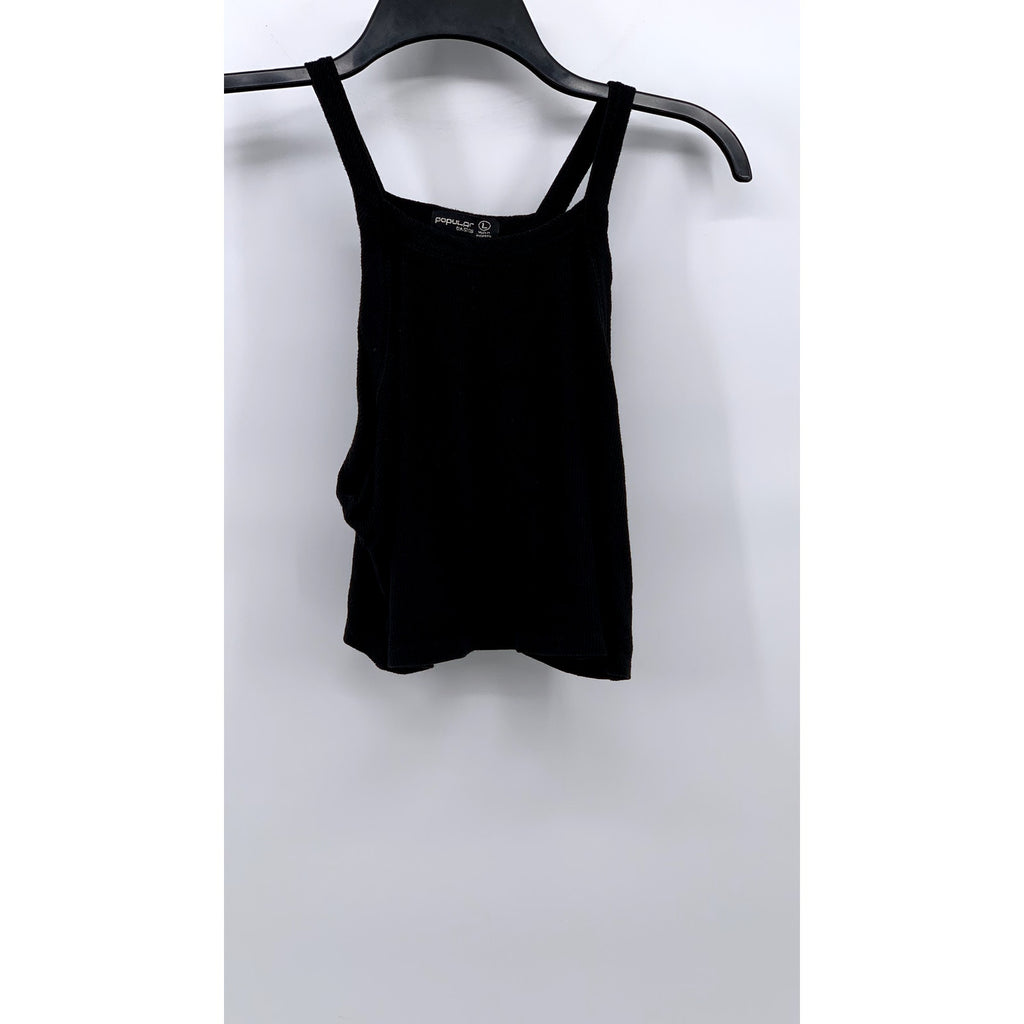 POPULAR BASICS Women’s Black Ribbed Scoop-Neck Sleeveless Cropped Top SZ L
