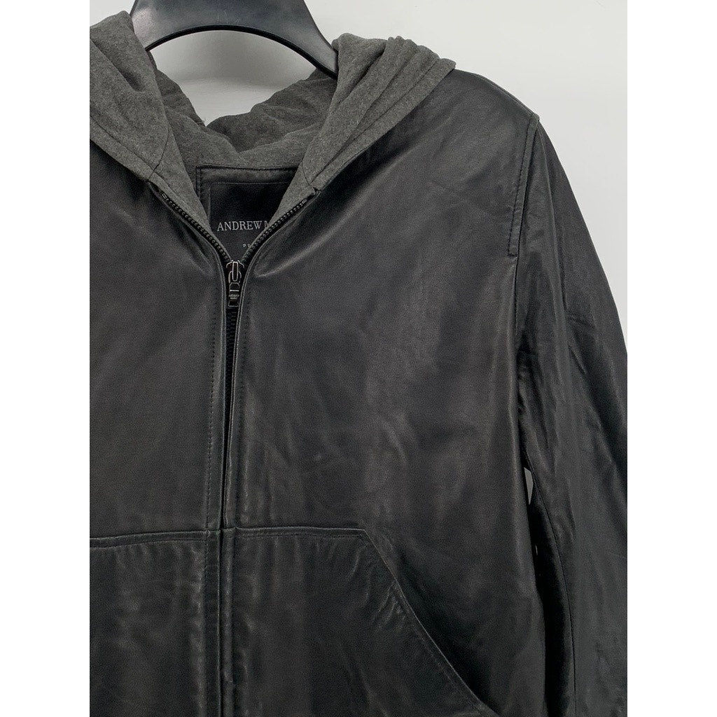 ANDREW MARC Women’s Petite Black Leather Hooded Zip-Up Jacket SZ PS