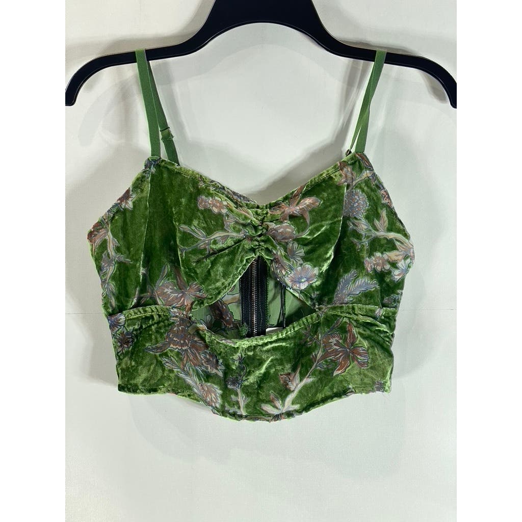 CIDER Women's Green Floral Velvet Cutout Corset Crop Tank Top SZ S(US4)