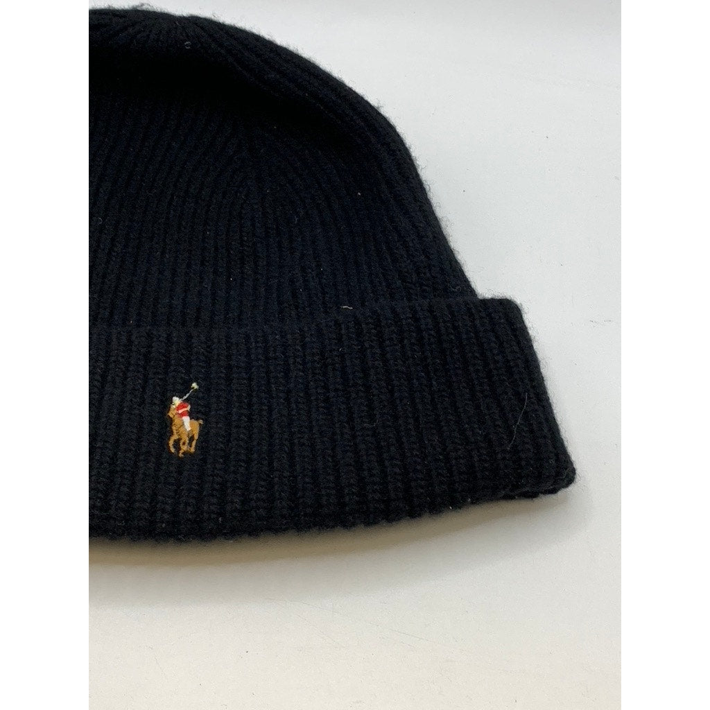 POLO RALPH LAUREN Men's Black Ribbed Embroidered Logo Beanie SZ OS