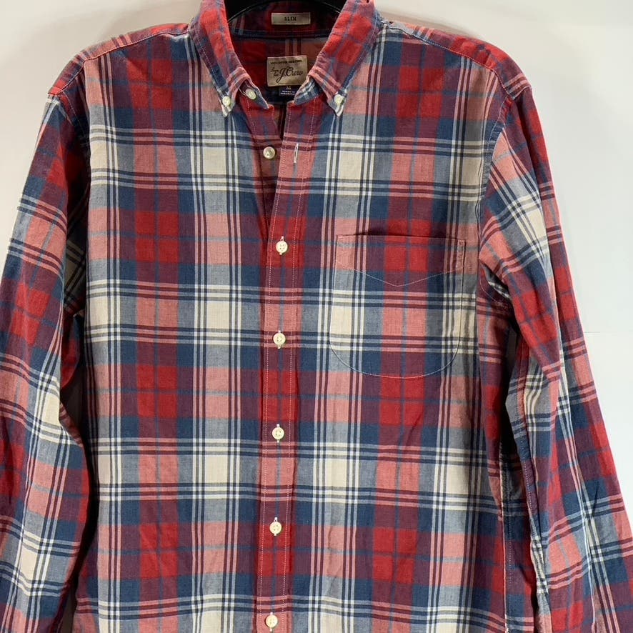 J.CREW Men's Red/Navy Plaid Cotton Slim-Fit Button-Up Long Sleeve Shirt SZ M