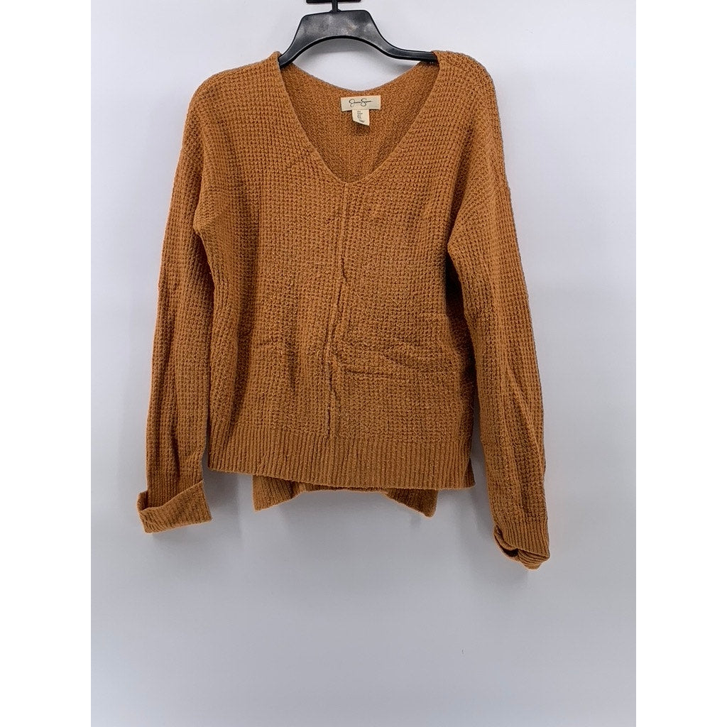 JESSICA SIMPSON Women's Orange V-Neck Waffle Knit Cuffed Long Sleeve Sweater SZS