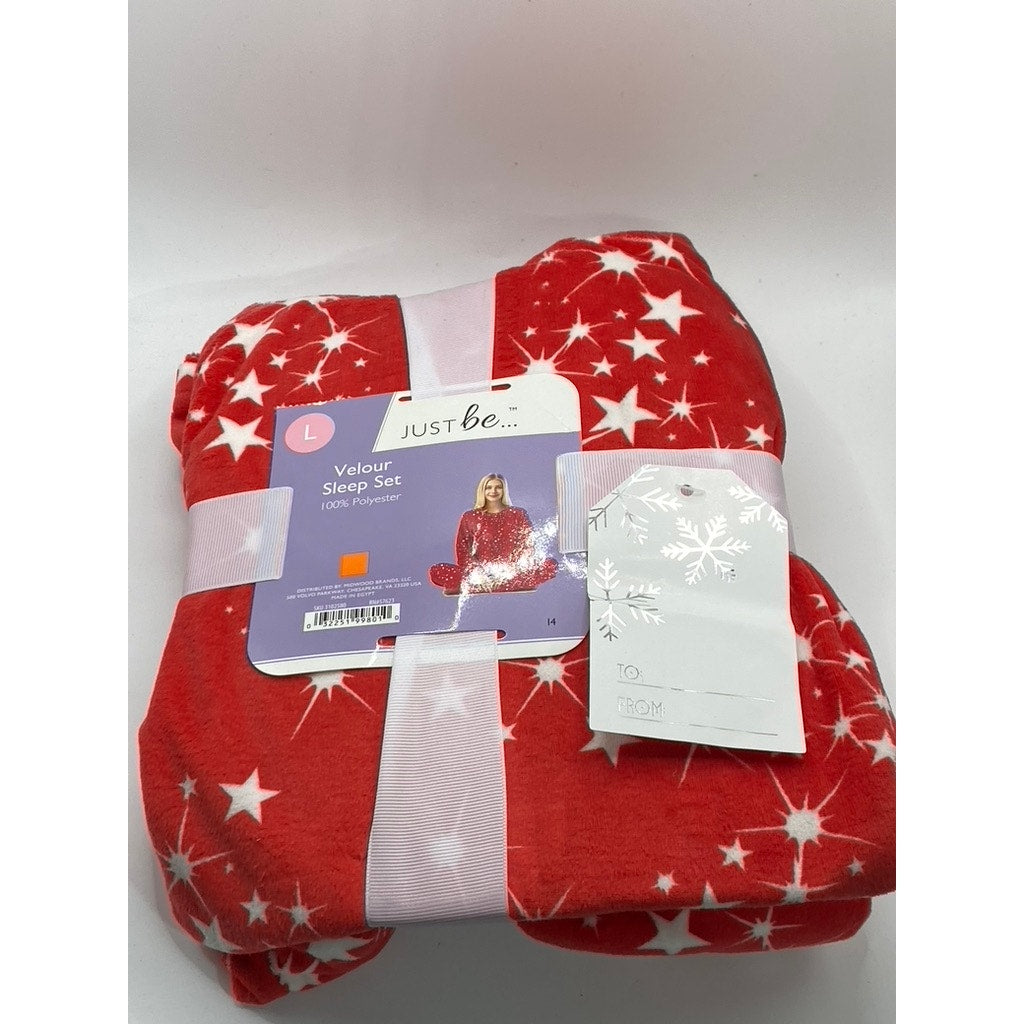 JUST BE Women's Red-White Star Print Velour Crewneck 2pc Sleep Set SZ L