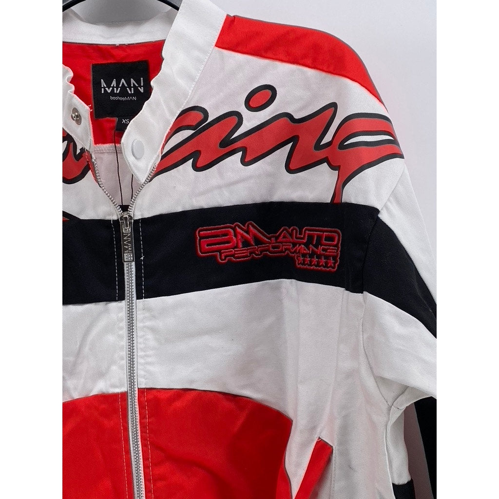 BOOHOOMAN Men's White-Red-Black Boxy Twill Funnel Neck Moto Jacket SZ XS