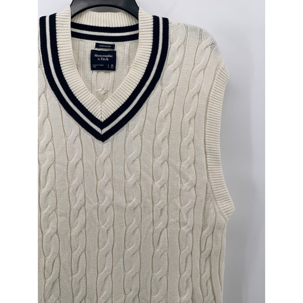 ABERCROMBIE & FITCH Men's Off-White Cable Knit V-Neck Oversized Sweater Vest SZM