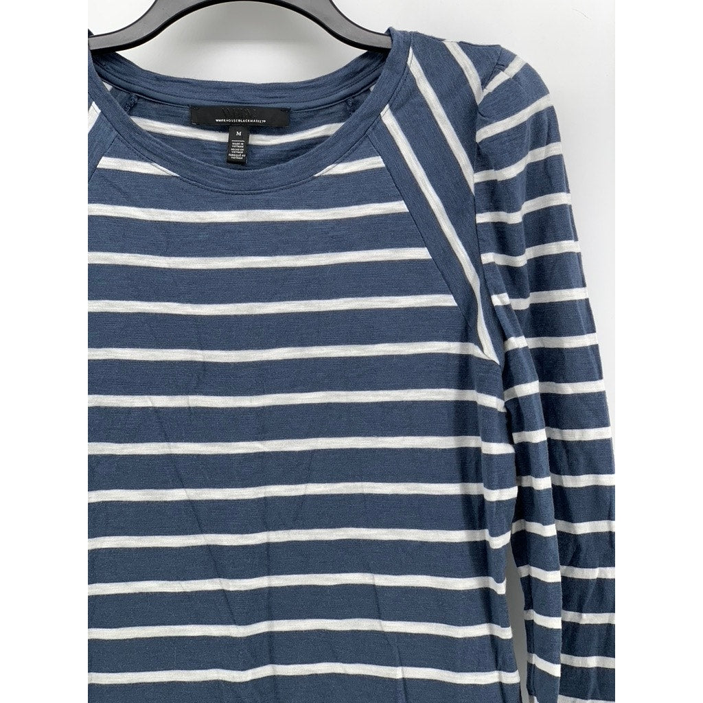 WHITE HOUSE BLACK MARKET Women's Blue-White Striped Long Sleeve Top SZ M