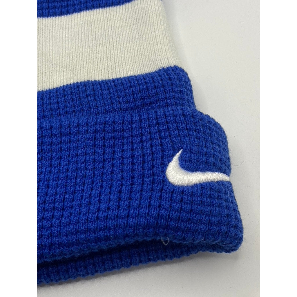 NIKE Unisex Adult Royal Blue-White Striped Swoosh Pom-Pom Beanie SZ OS