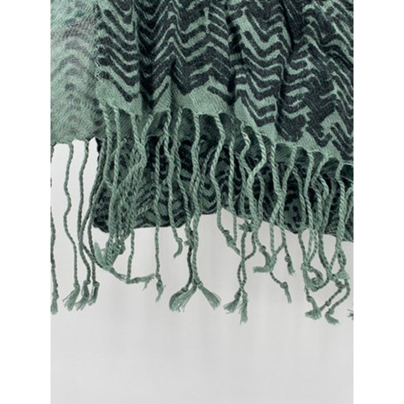UNBRANDED Women's Black-Green Herringbone-Striped Fringe Knit Scarf
