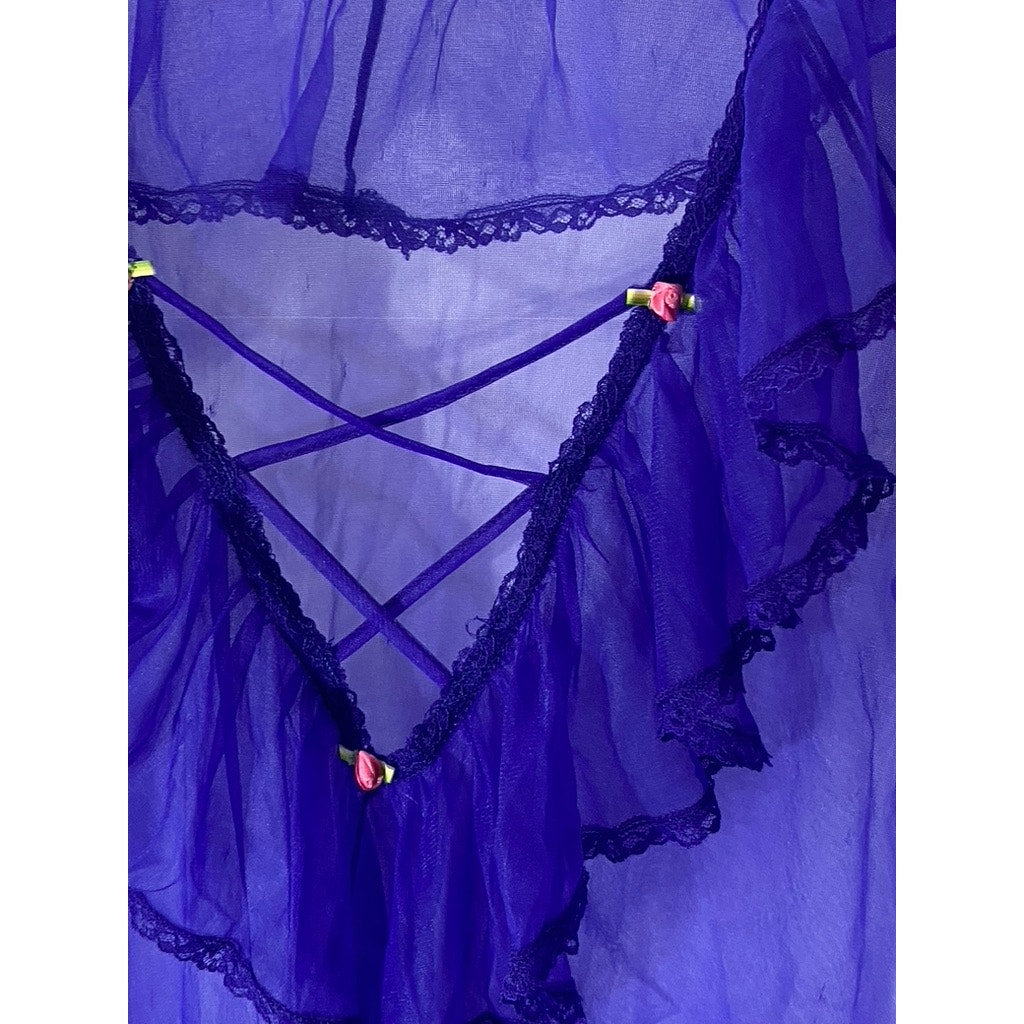 UNBRANDED Women’s Royal Blue Sheer V-Neck Lace-Up Ruffle Long Sleeve Top SZ M