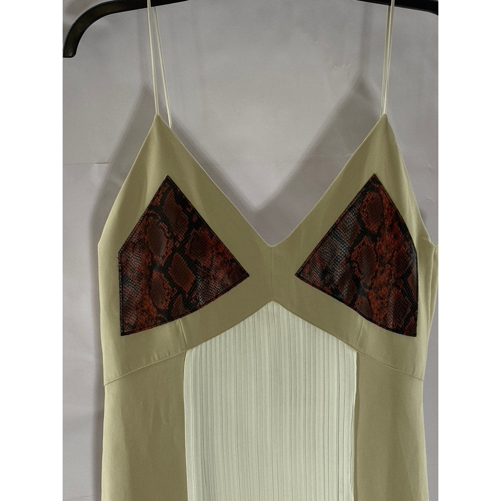 ZARA Women's Beige/Cream Pleated Side-Slit Snake Skin V-Neck Midi Dress SZ M