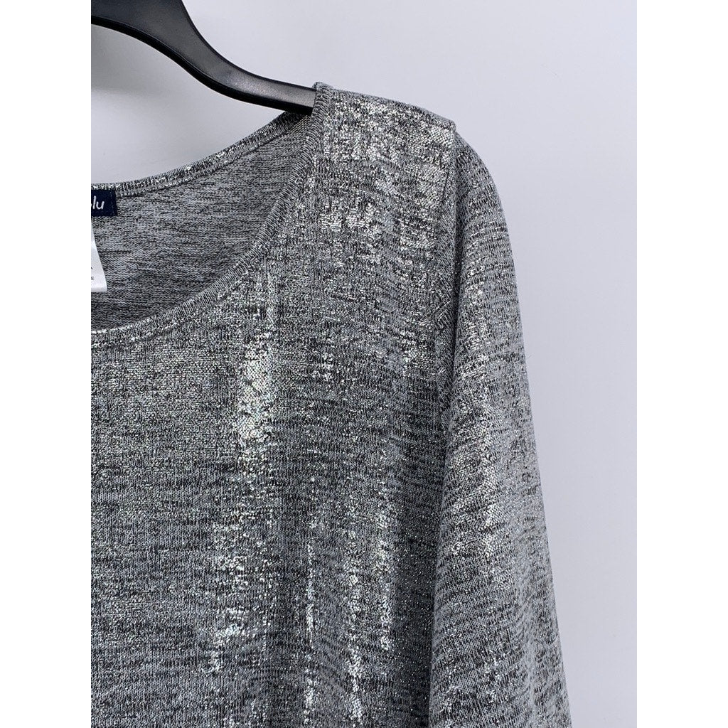 OLIVIA BLU Women's Plus Gray Metallic Scoop-Neck 3/4 Sleeve Top SZ 1X