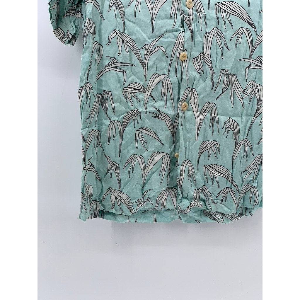 SANDRO PARIS Men's Light Blue-White Leaf Print Button-Up Casual Shirt SZ M