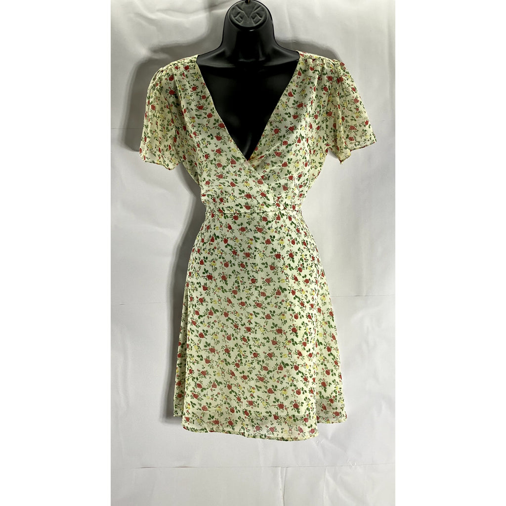 UNBRANDED Women's White Floral V-Neck Short Sleeve Wrap Mini Dress SZ S