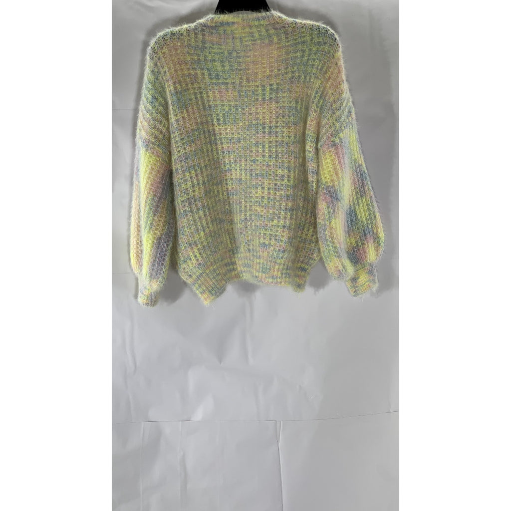 UNBRANDED Women's Blue-Yellow-Pink Crewneck Crochet Knit 3D Bow Sweater SZ M
