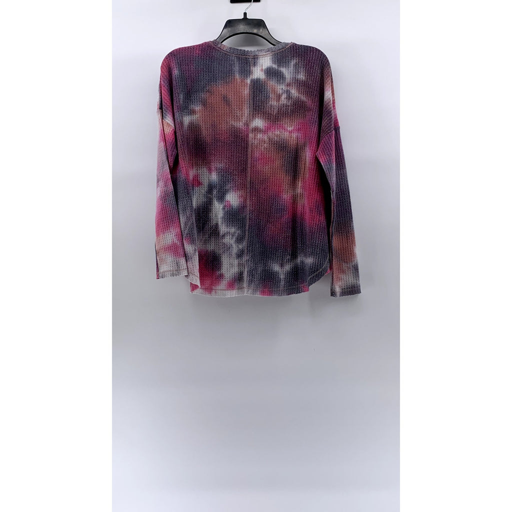 WILD FABLE Women's Pink-Gray Tie-Dye V-Neck Long Sleeve Thermal Top SZ S
