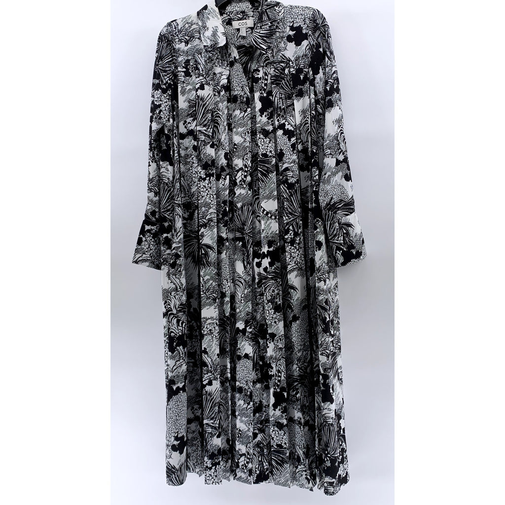 COS Women's Black-White Printed Pleated Long Sleeve A-line Midi Dress SZ 4