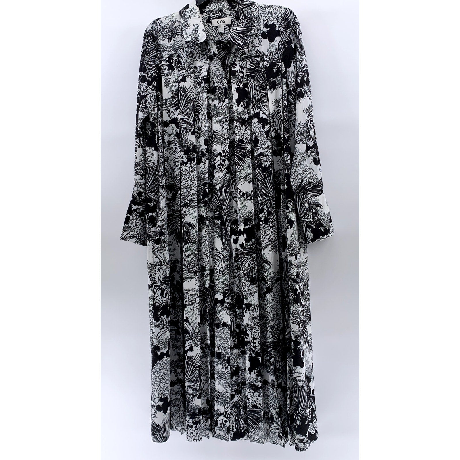 COS Women's Black-White Printed Pleated Long Sleeve A-line Midi Dress SZ 4