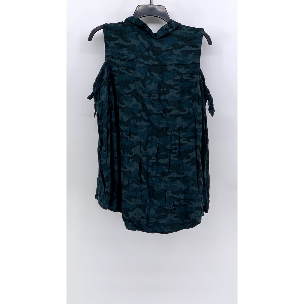 ROCK & REPUBLIC Women's Blue Camo Long Sleeve Cold-Shoulder Button-Up Top SZ L