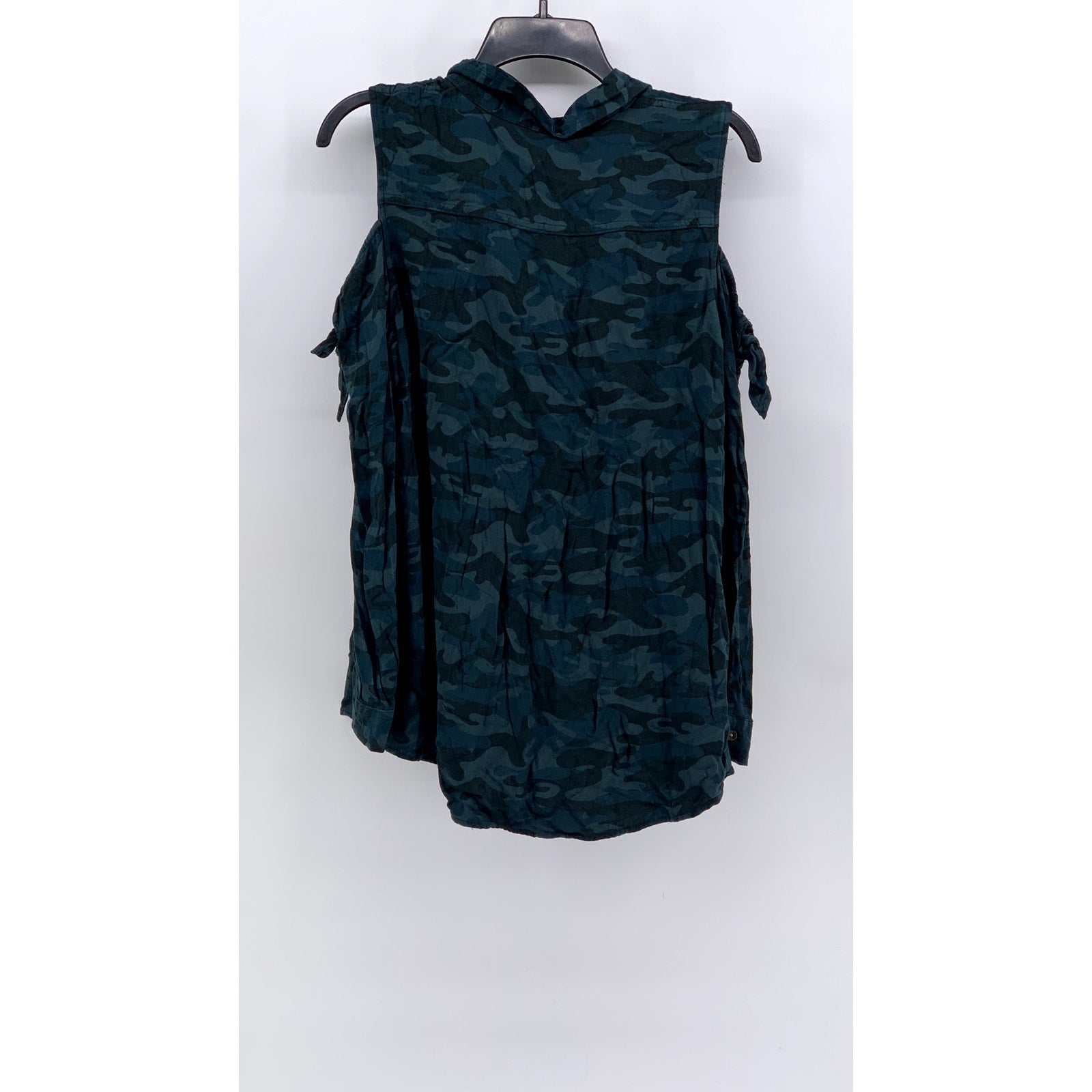 ROCK & REPUBLIC Women's Blue Camo Long Sleeve Cold-Shoulder Button-Up Top SZ L