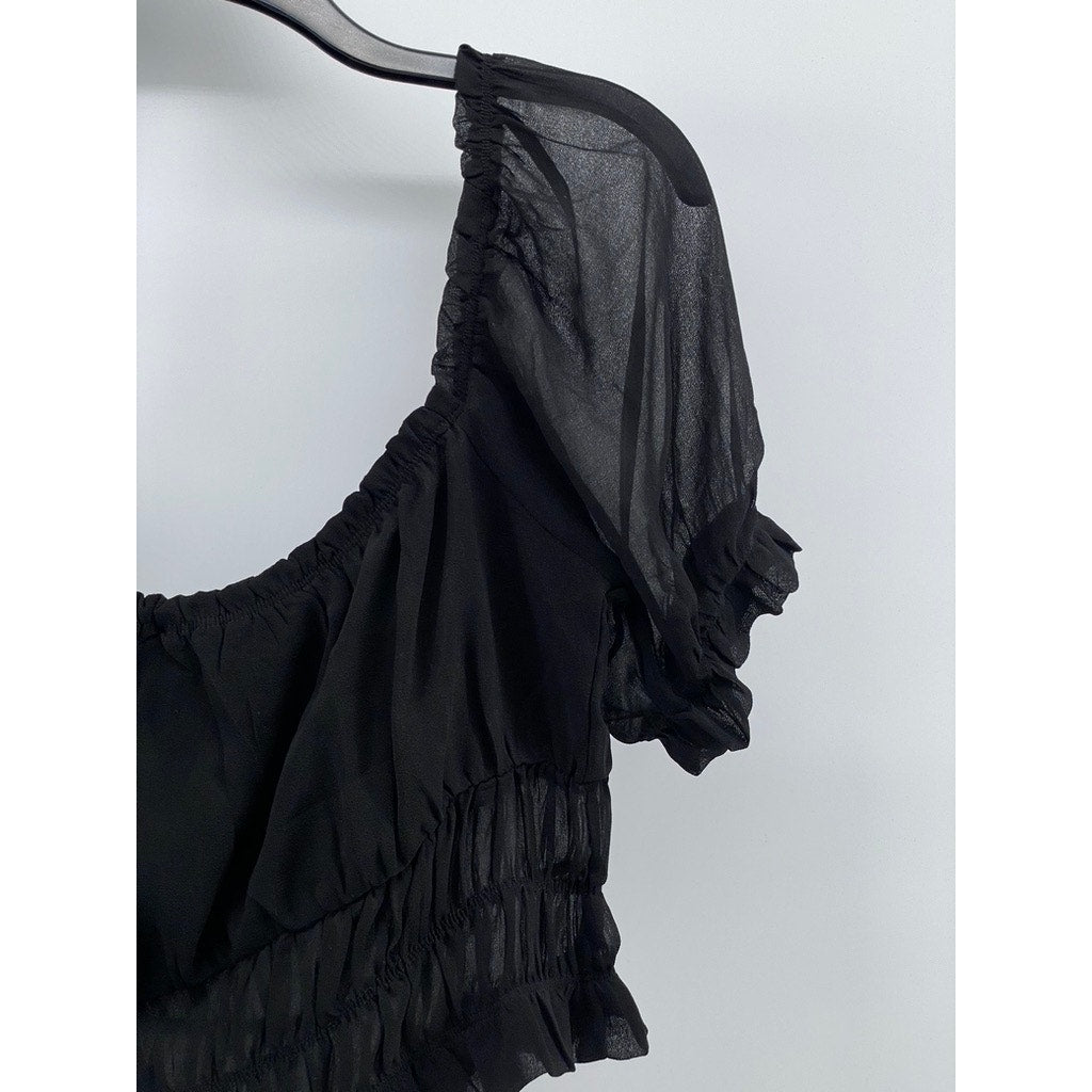 FOREVER 21 Women's Black Mesh Scoop-Neck Short Puff Sleeve Tiered Mesh Top SZ L