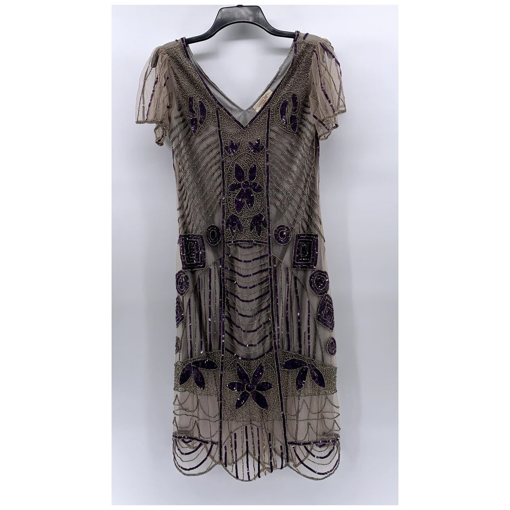GATSBYLADY LONDON Women's Gray-Purple Beaded V-Neck Short Sleeve Dress SZ 6