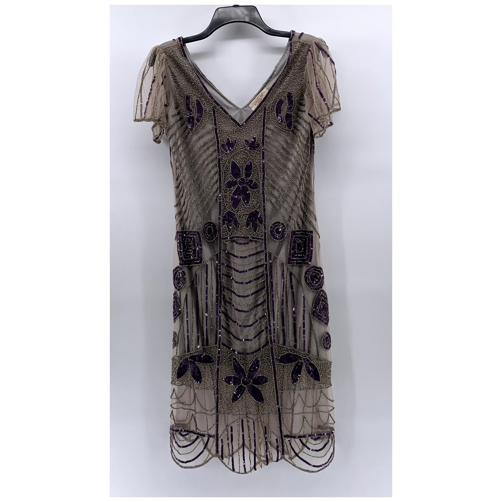 GATSBYLADY LONDON Women's Gray-Purple Beaded V-Neck Short Sleeve Dress SZ 6