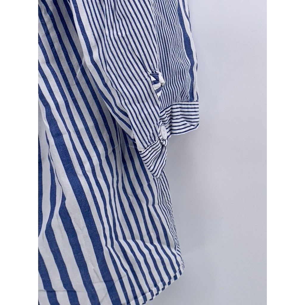 UNBRANDED Women's Blue-White Striped Button-Up Short Sleeve Top SZ L