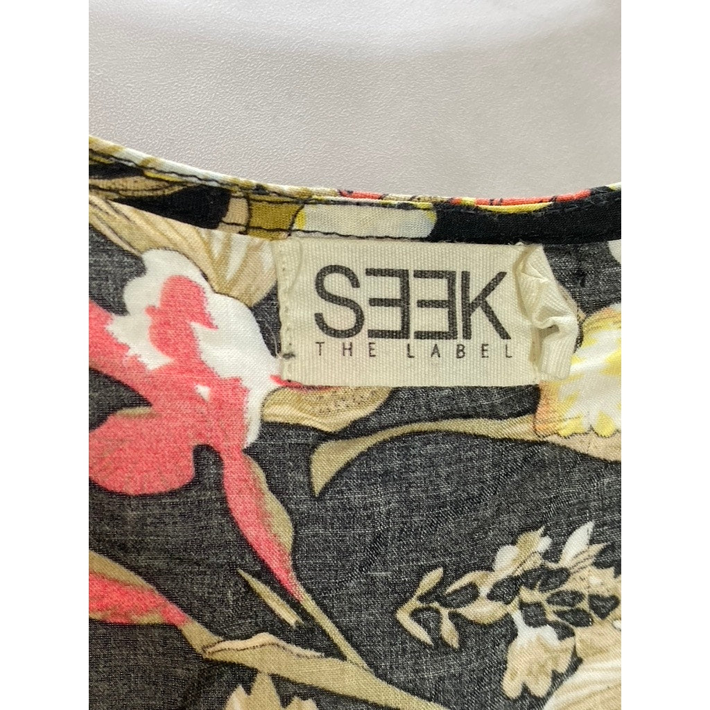 SEEK THE LABEL Women's Black Floral Tie-Front Tiered Short Sleeve Crop Top SZ XS