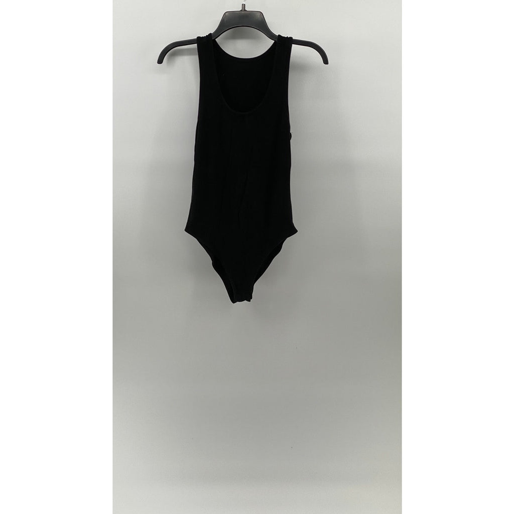 MANGOPOP Women's Black Ribbed Scoop-Neck Sleeveless One-Piece Bodysuit SZ S