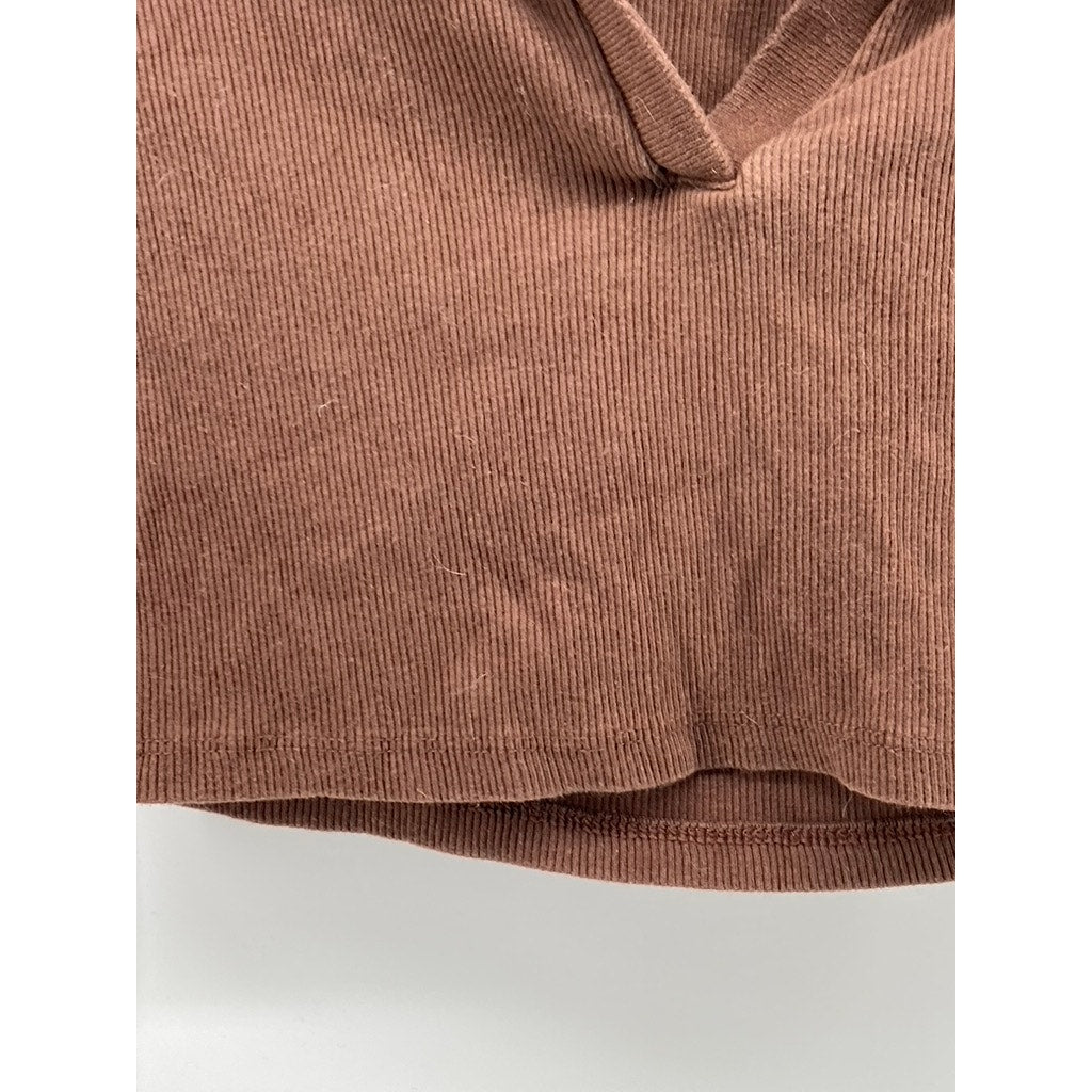 ZARA Women's Brown Ribbed Long Sleeve Casual Polo Crop Top SZ M