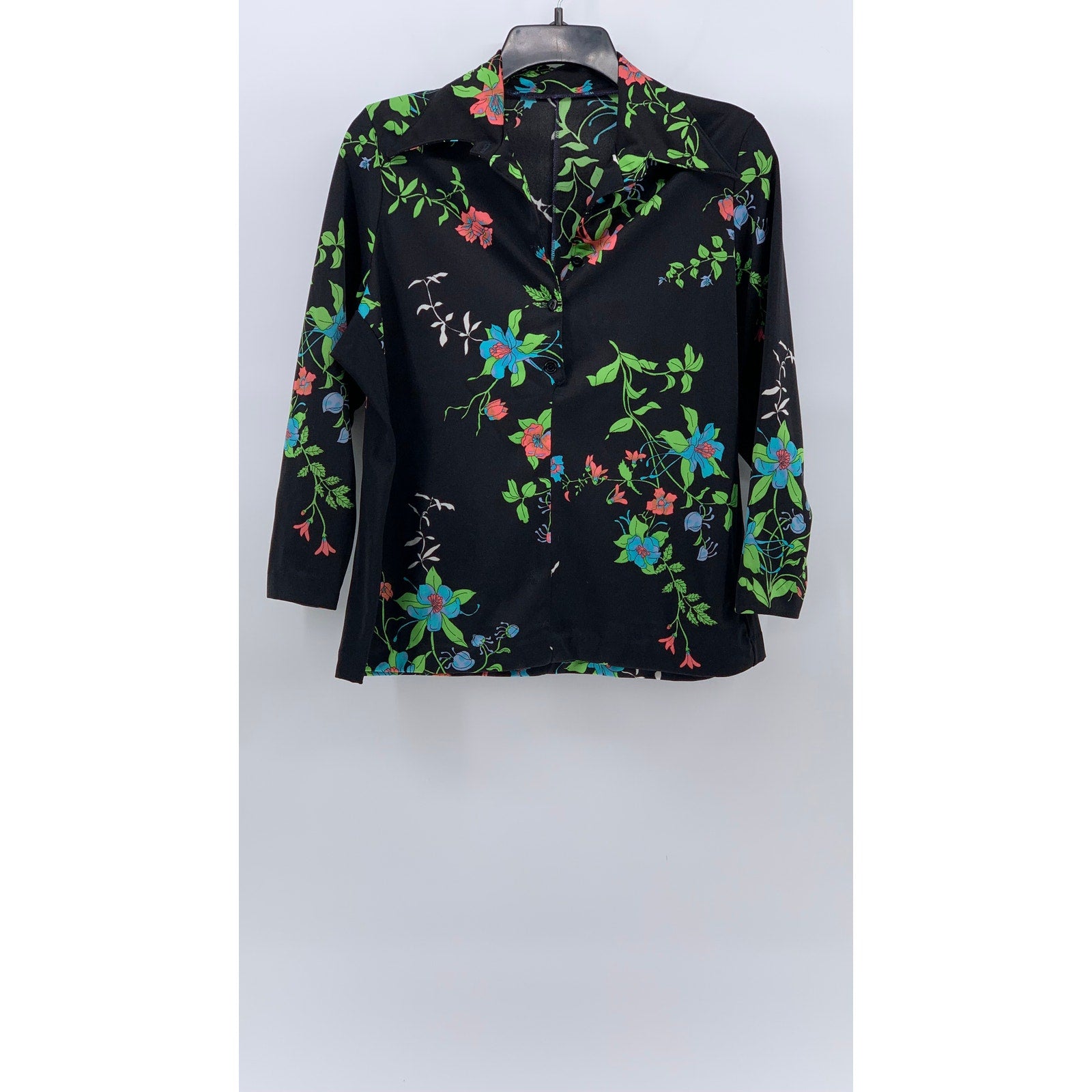 UNBRANDED Women's Blac-Multi Floral Print Button-Up Long Sleeve Top SZ M