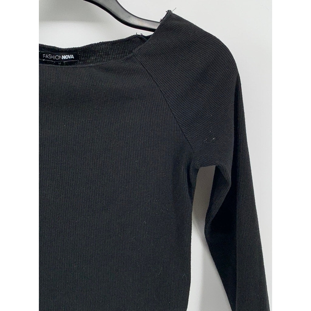 FASHION NOVA Women's Black Ribbed Boatneck Long Sleeve Top SZ M