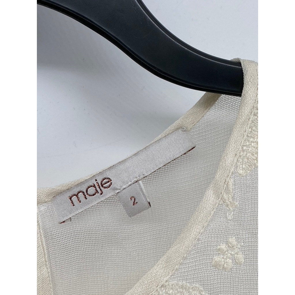 MAJE Women's Beige Floral Lace Crewneck Long Sleeve A-Line Mini Dress SZ 2