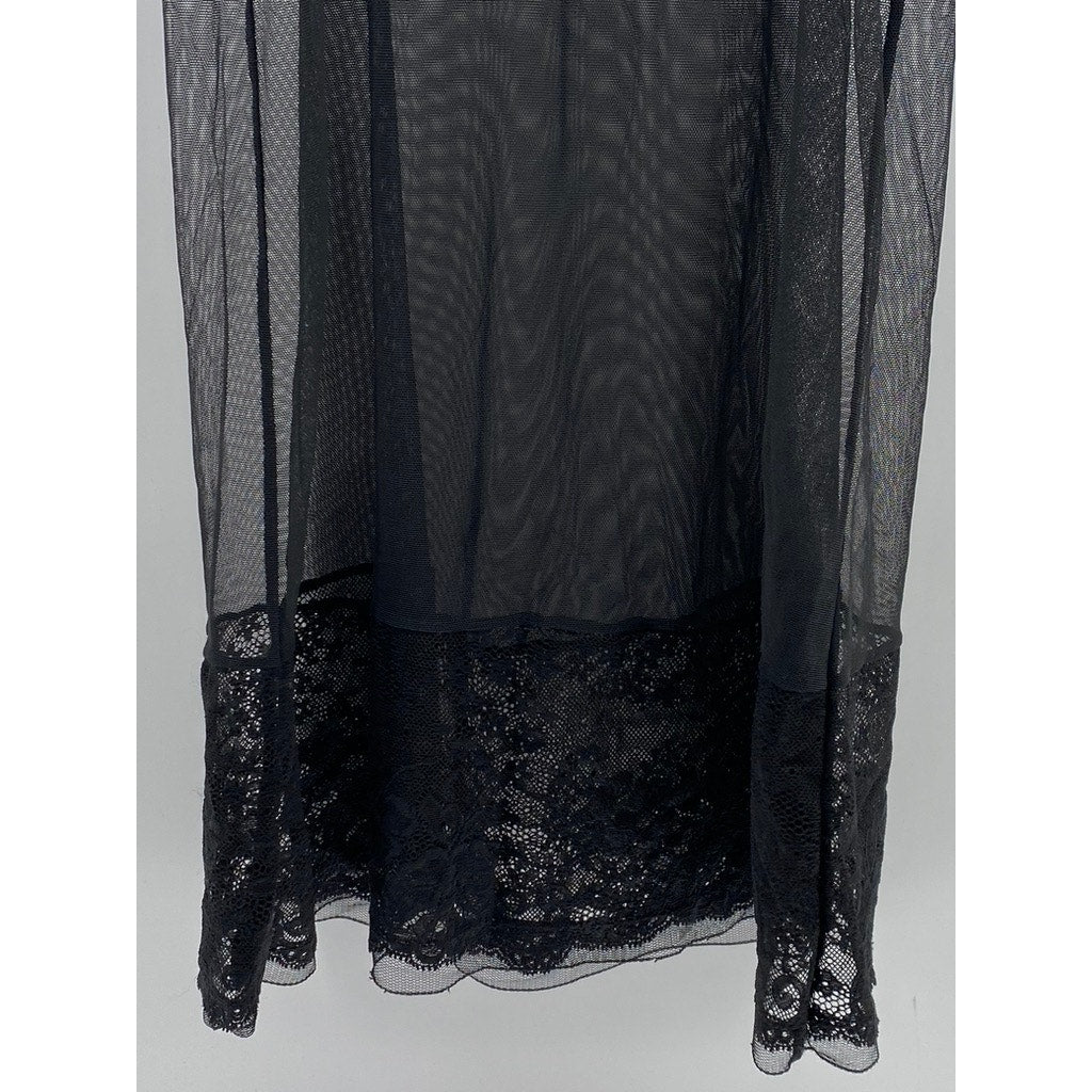 UNBRANDED Women's Black Lace Trim Sheer V-Neck Spaghetti Strap Night Gown SZ S