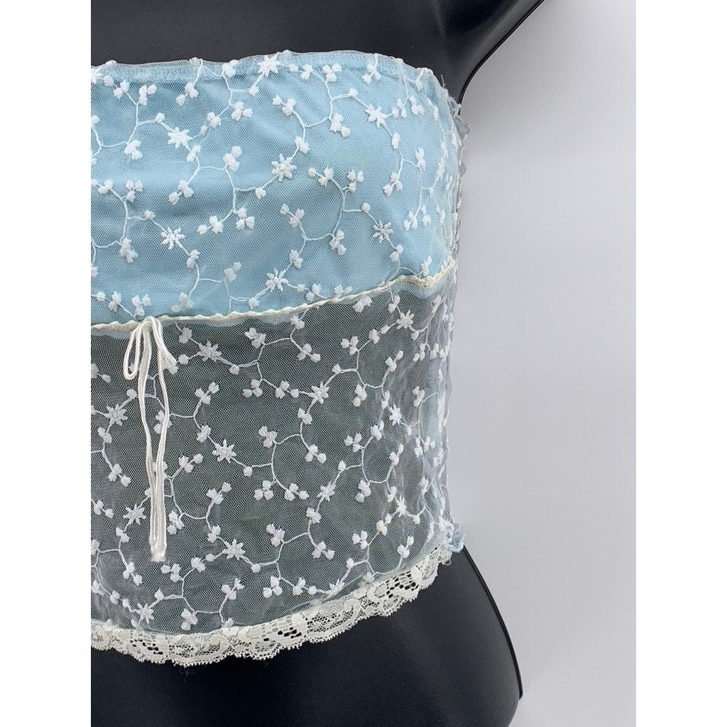 UNBRANDED Women’s Light Blue Mesh Embroidered Strapless Crop Top SZ S