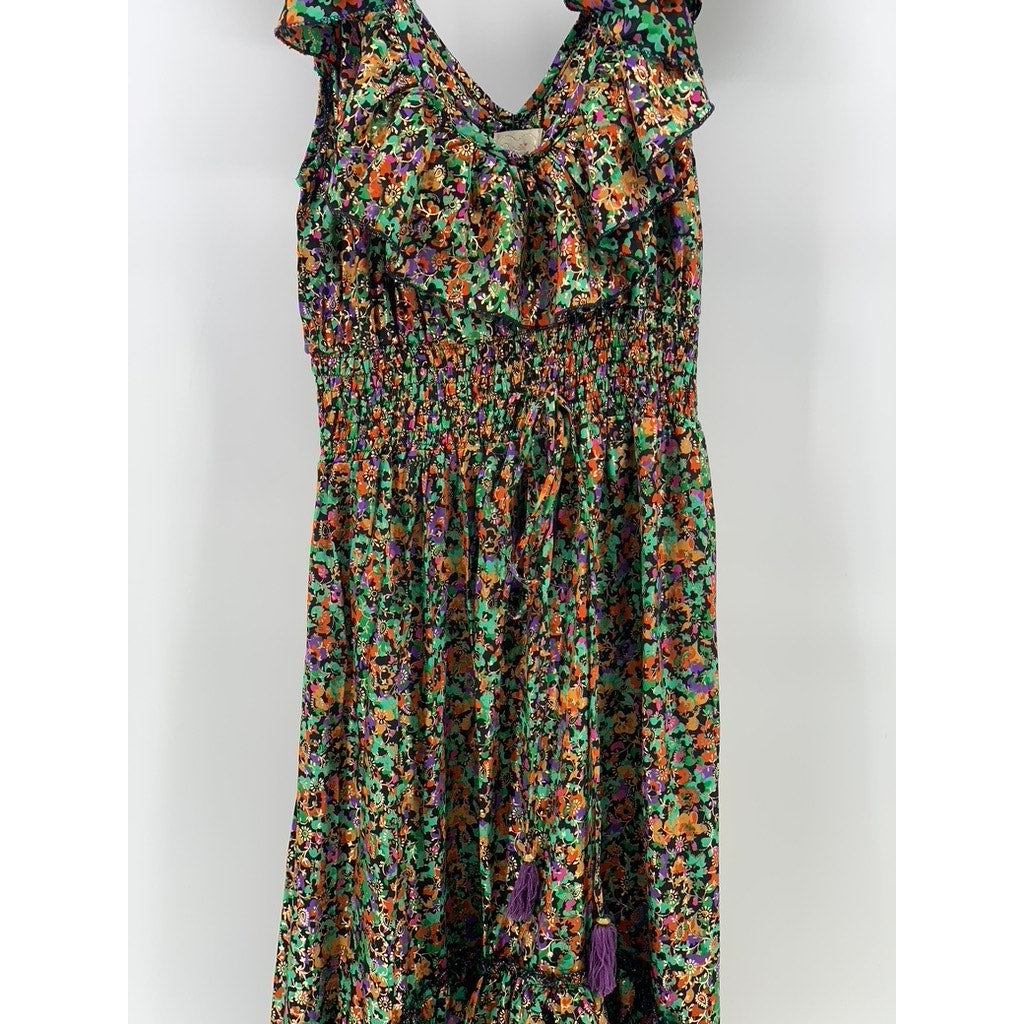 PURPLE QUEEN Women's Green Printed Ruffle Short Sleeve Maxi Dress SZ S