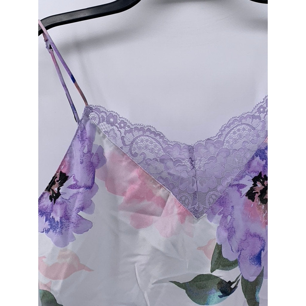 LILAC & LONDON Women's White Satin Floral Lace-Trim Sleep Top SZ L