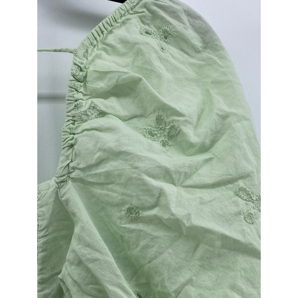 ZARA Women’s Mint Green Embroidered Eyelet Puff-Sleeve Crop Top SZ M