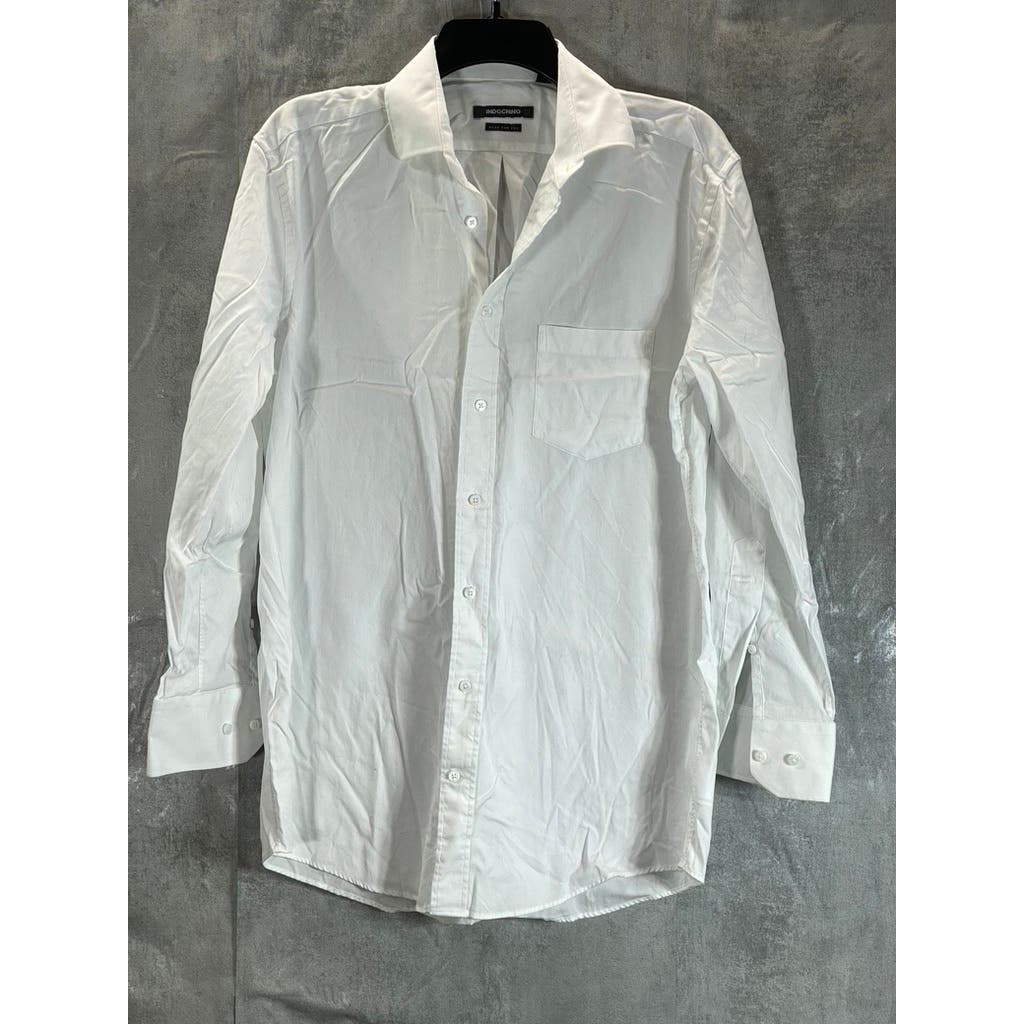 INDICHINO Men's White Solid Button-Up Long Sleeve Dress Shirt L