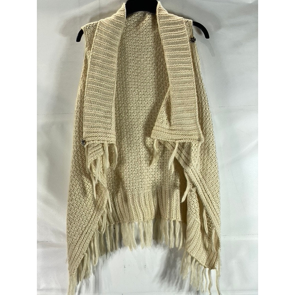 UNBRANDED Women's Tan Crochet Snap-Button Tassel Fringe Poncho/Shawl SZ OS
