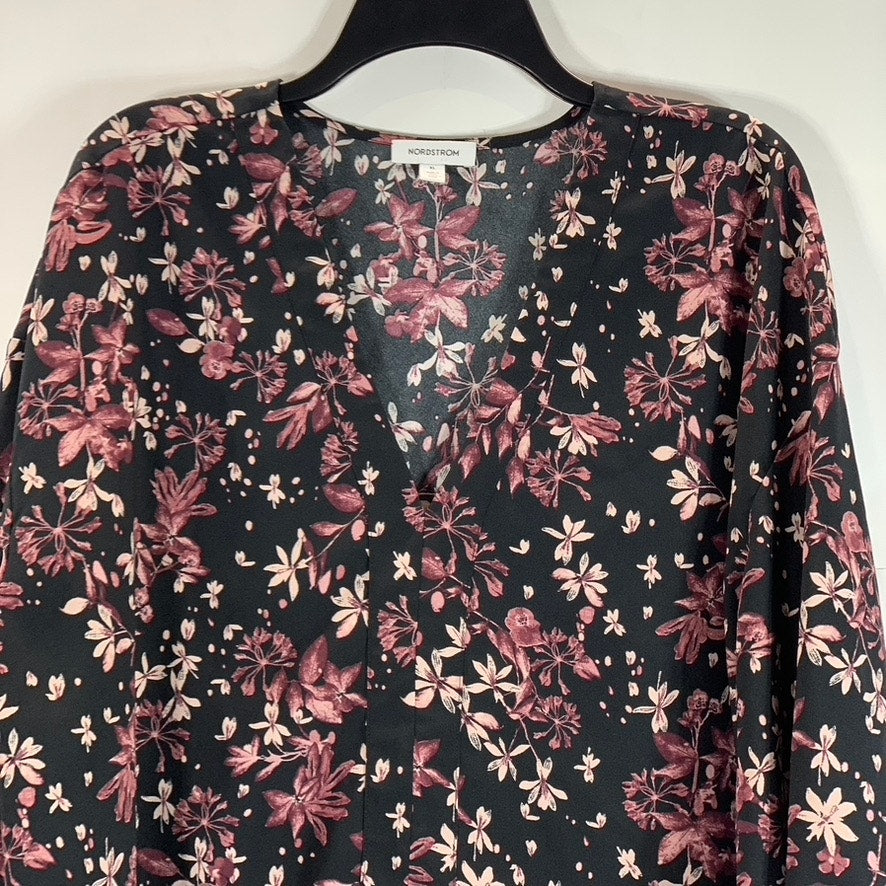 NORDSTORM Women's Black Floral Print V-Neck Long Sleeve Top SZ XL