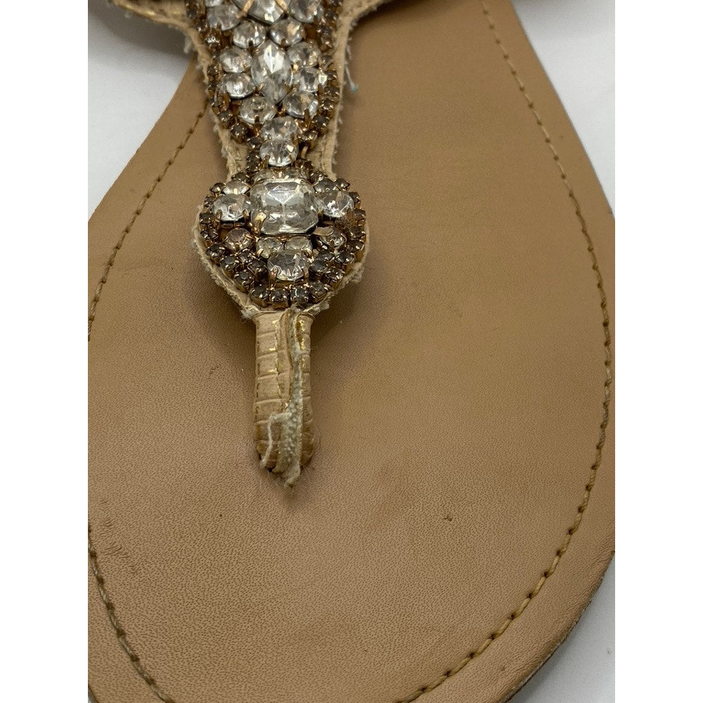 BCBGENERATION Women's Tan Rhinestone Embellished T-Strap Sandals SZ 7